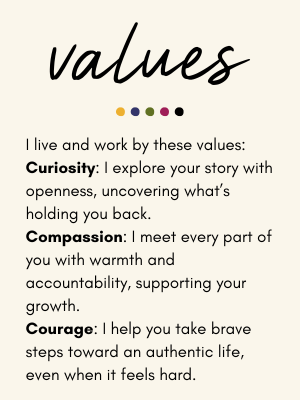 black script writing says values then 5 dots in yellow, blue, green, pink and black, then sans serif black text on cream background I live and work by these values:<br />
Curiosity: I explore your story with openness, uncovering what’s holding you back.<br />
Compassion: I meet every part of you with warmth and accountability, supporting your growth.<br />
Courage: I help you take brave steps toward an authentic life, even when it feels hard.<br />
